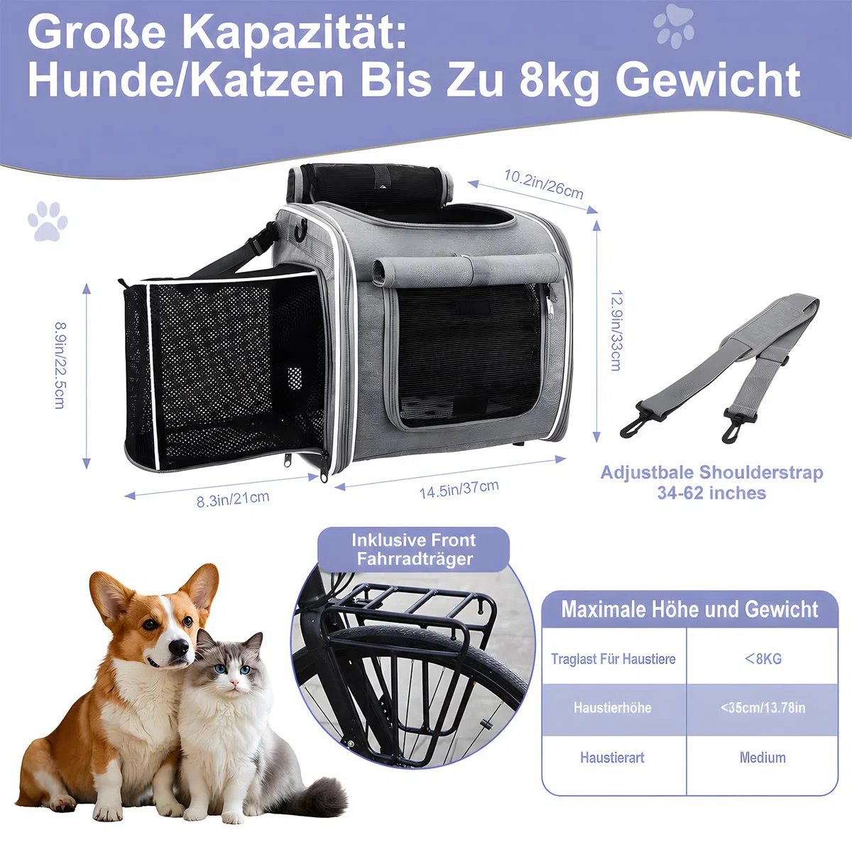 Cestino per cani anteriore per bicicletta, 4 in 1, con supporto