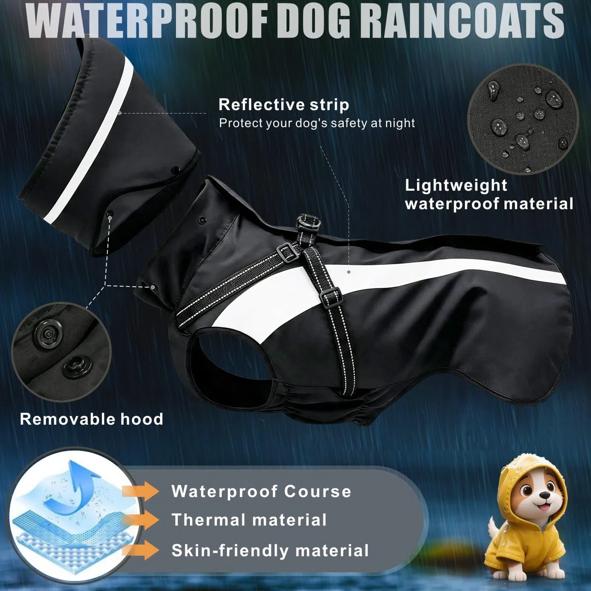 Impermeabile per cani, impermeabile, riflettente, con cappuccio, per animali domestici, per cani di taglia piccola, media e grande, cuccioli, S-XXL (nero, XXL)