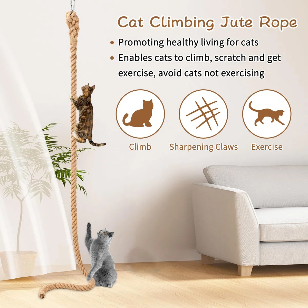 Corda da arrampicata per gatti da 5,1 cm x 2,5 m con gancio, corda di iuta naturale per arrampicata per gatti da soffitto e parete, resistente corda in sisal per interni ed esterni gatti che graffiano
