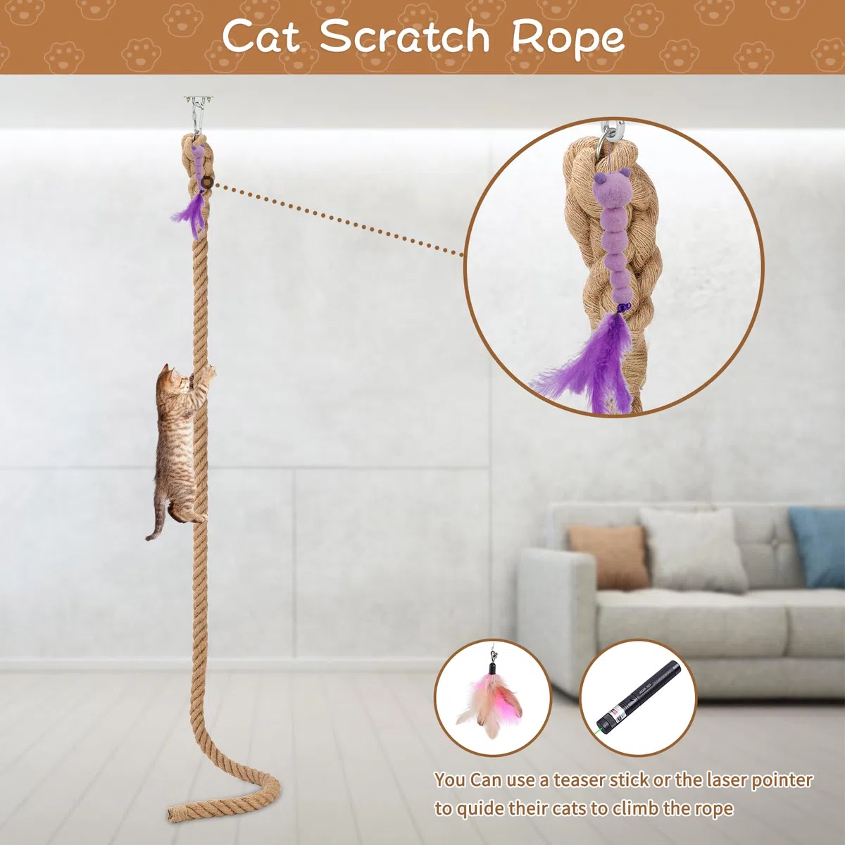 Corda da arrampicata per gatti da 5,1 cm x 2,5 m con gancio, corda di iuta naturale per arrampicata per gatti da soffitto e parete, resistente corda in sisal per interni ed esterni gatti che graffiano