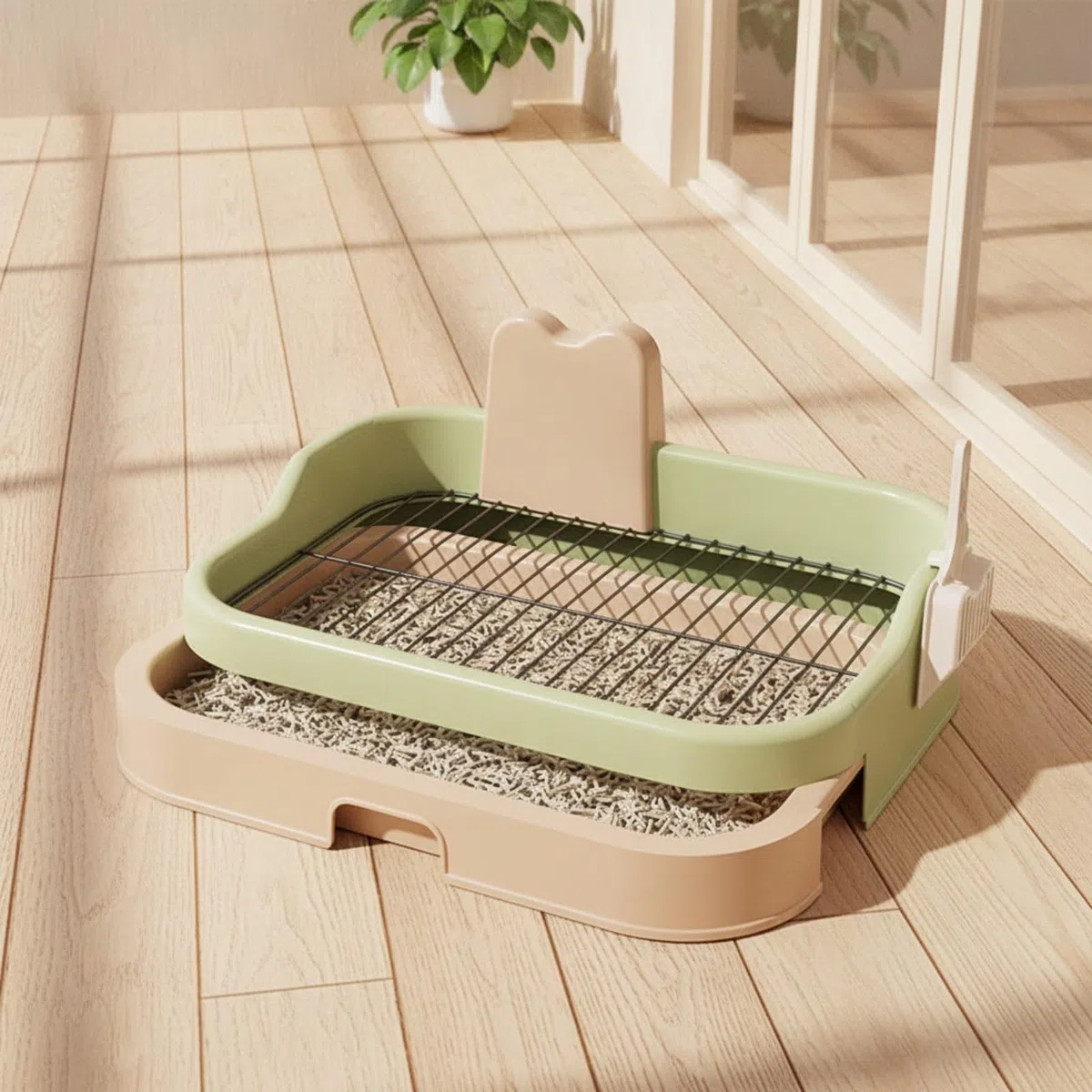 Lettiera per Cani con Paletta Parete Posteriore Rialzata, Portatile, Lettiera per Cani con Griglia, Appartamento, Verde