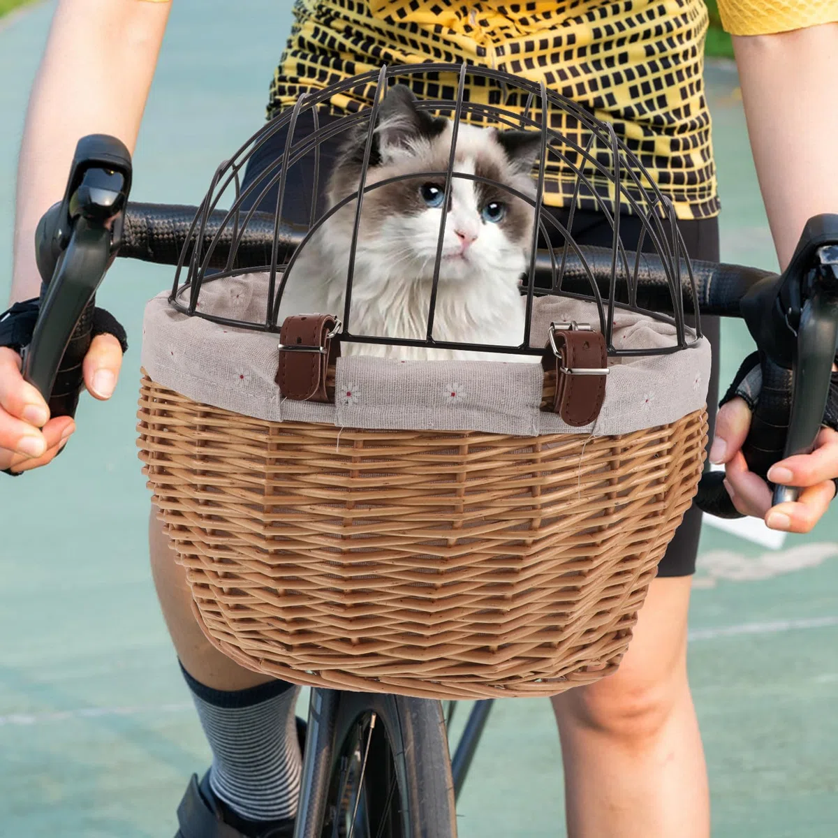 PACKOVE Cestino Spazioso Animali Rattan e Intrecciato Bicicletta Le da in Struttura in Ferro, Facile da Installare per Cani e Gatti Durante Uscite in Città