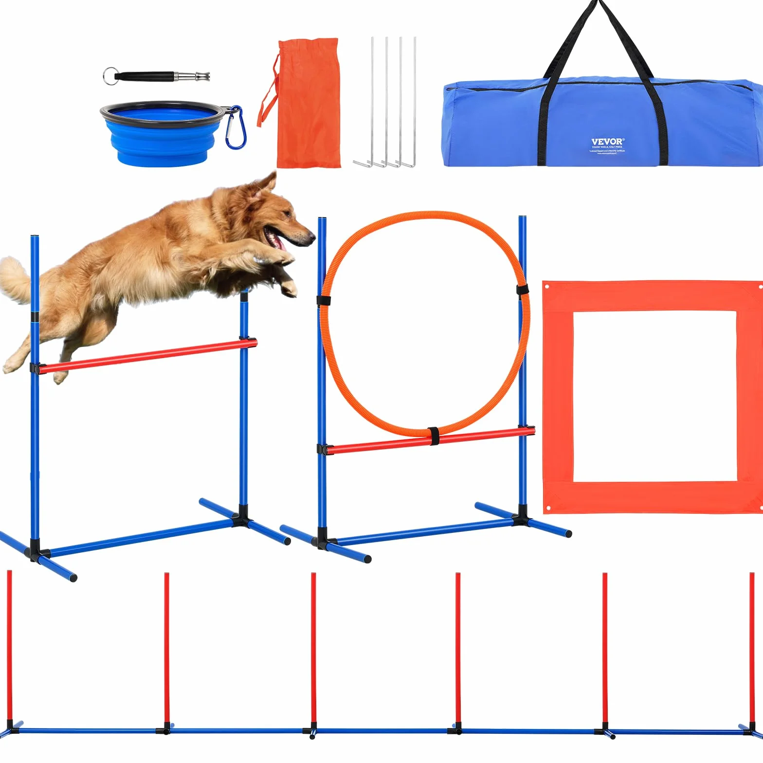 VEVOR Attrezzatura per Addestramento Agilità per Cani, Set 4 Pezzi, Percorso a Ostacoli per Cuccioli, Ostacoli Altezza Regolabile, 6 Pali, Anello Salto, Scatola Quadrata per Pausa, Ciotola Pieghevole