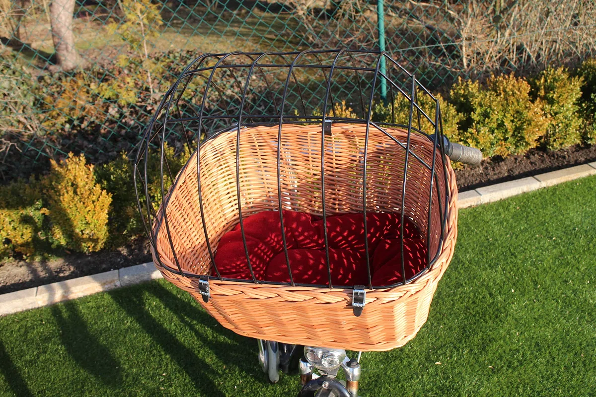Cestino per bicicletta per cani in vimini con griglia in metallo e cuscino, XL o XXL, cestino per il manubrio, cestino per la spesa naturale (con cuscino)
