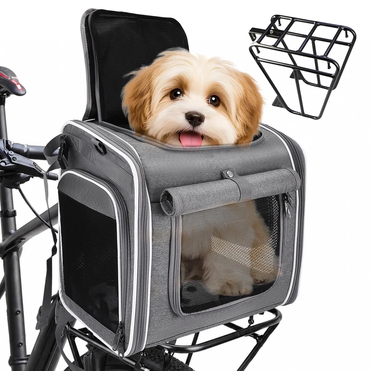 Cestino per cani anteriore per bicicletta, 4 in 1, con supporto