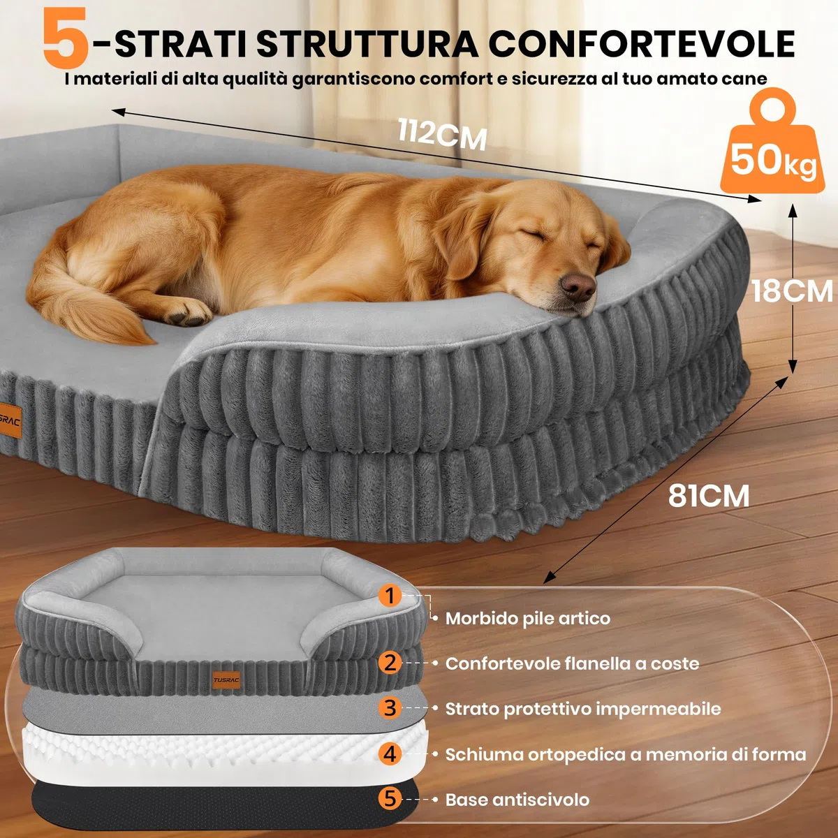 Cuccia Cane Interno Taglia Grande, Sfoderabile e Lavabile, 112x81x18cm