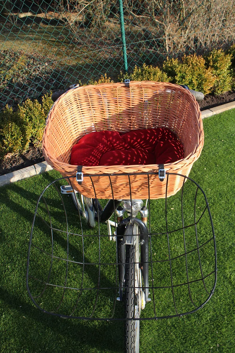 Cestino per bicicletta per cani in vimini con griglia in metallo e cuscino, XL o XXL, cestino per il manubrio, cestino per la spesa naturale (con cuscino)