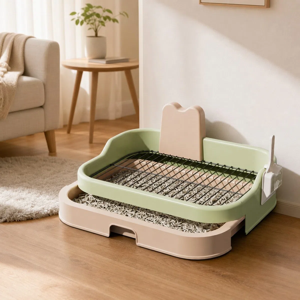 Lettiera per Cani con Paletta Parete Posteriore Rialzata, Portatile, Lettiera per Cani con Griglia, Appartamento, Verde