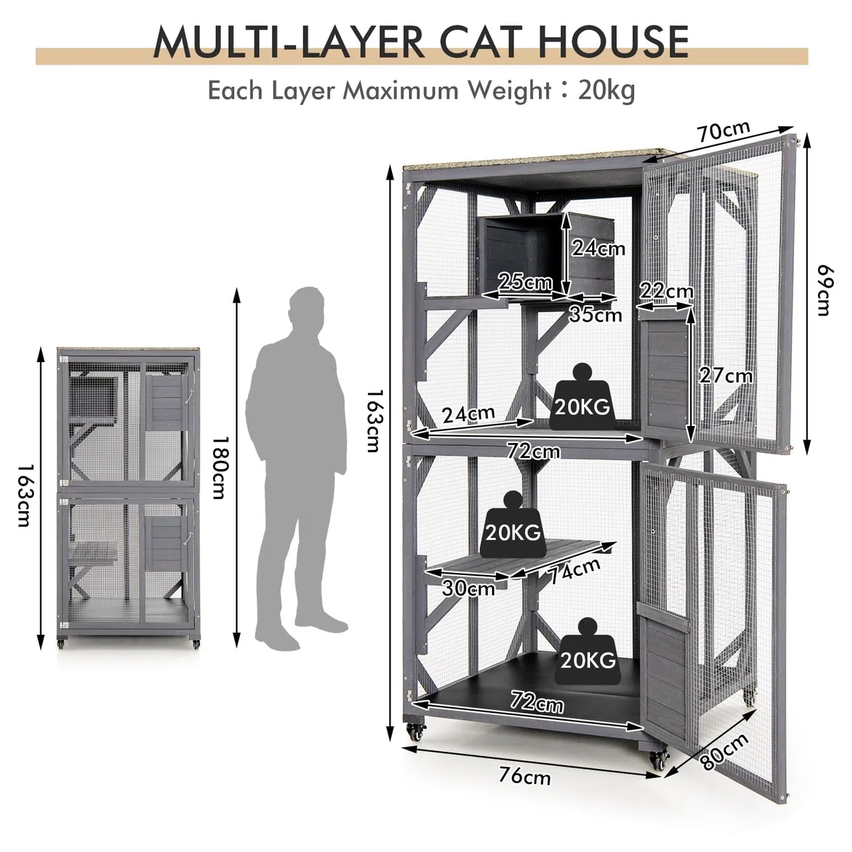 GYMAX Grande cuccia per gatti in legno su ruote, con tetto in asfalto resistente alle intemperie, porte, piattaforme e riposo, per interni ed esterni (80 x 76 x 163 cm)