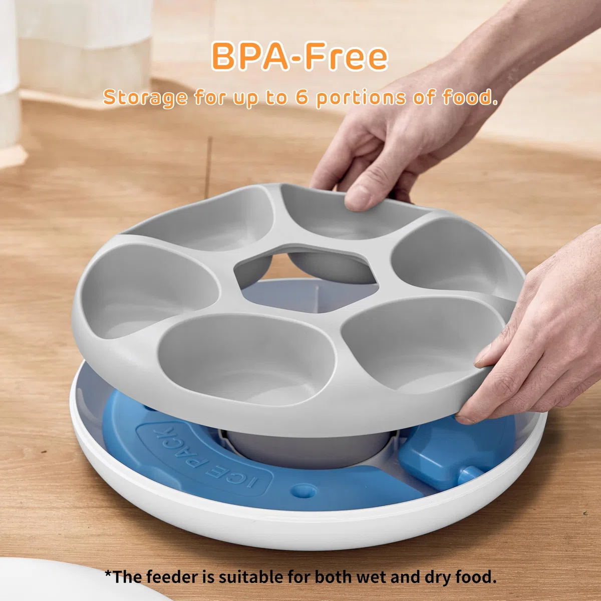 iPettie Donut Frost - Alimentatore automatico per animali domestici senza fili, per 6 pasti, cibo secco e umido, con due confezioni di ghiaccio, batteria massiccia ricaricabile, timer programmabile,