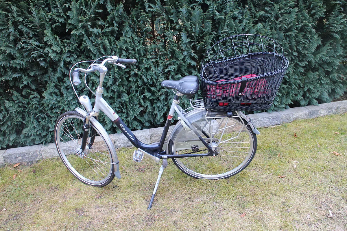 Cestino per bicicletta per cani, in vimini con griglia in metallo, XXL, nero, cestino in vimini per cani, cestino per animali