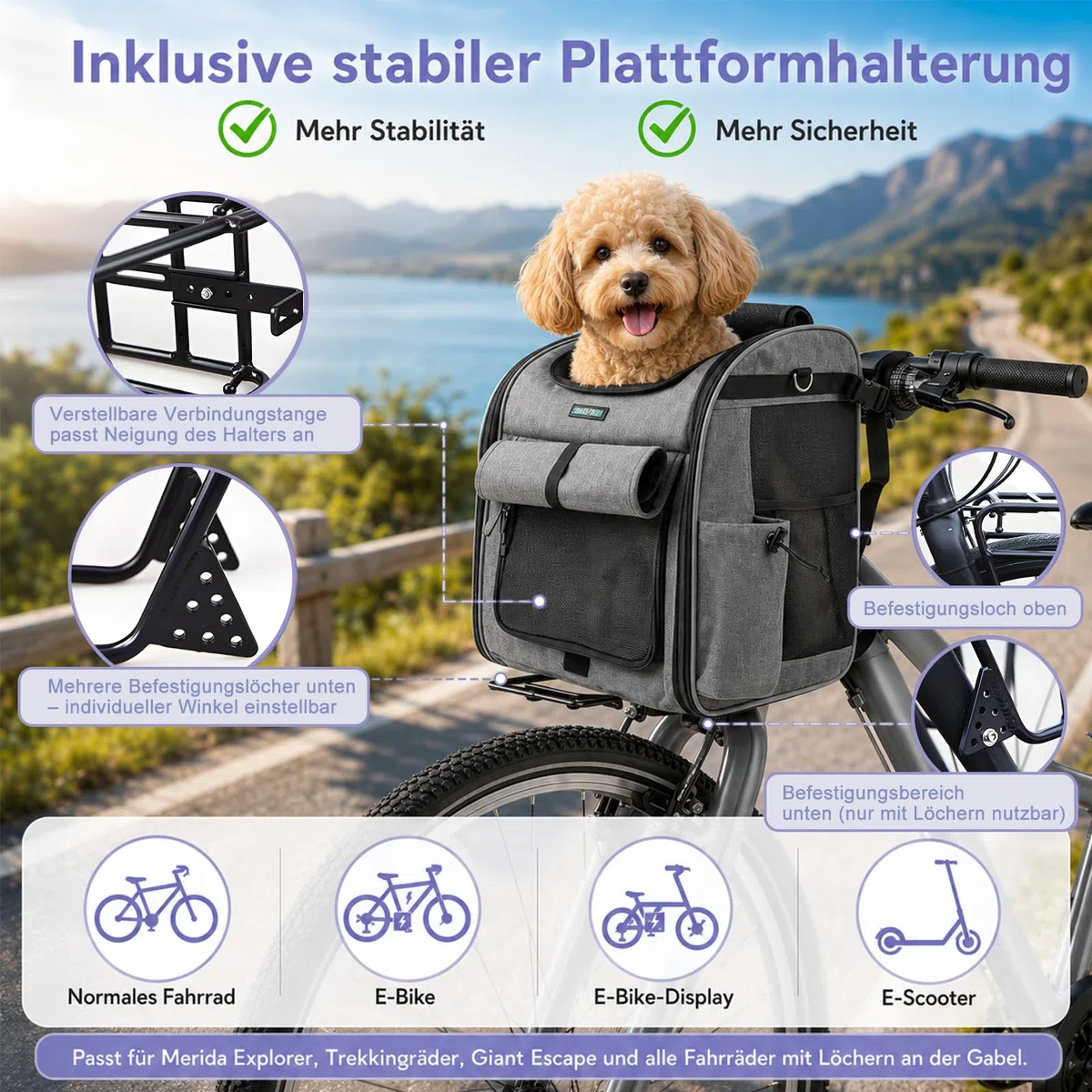 Cestino per cani anteriore per bicicletta, 4 in 1, con supporto