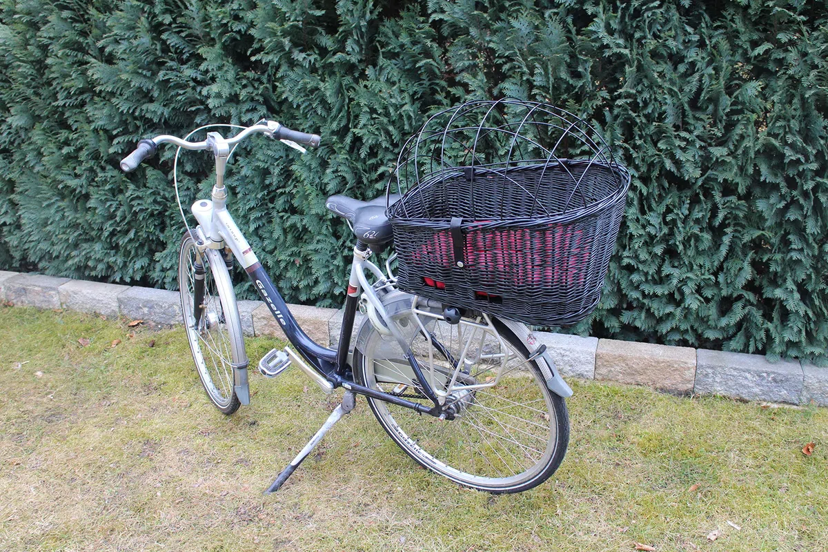Cestino per bicicletta per cani, in vimini con griglia in metallo, XXL, nero, cestino in vimini per cani, cestino per animali