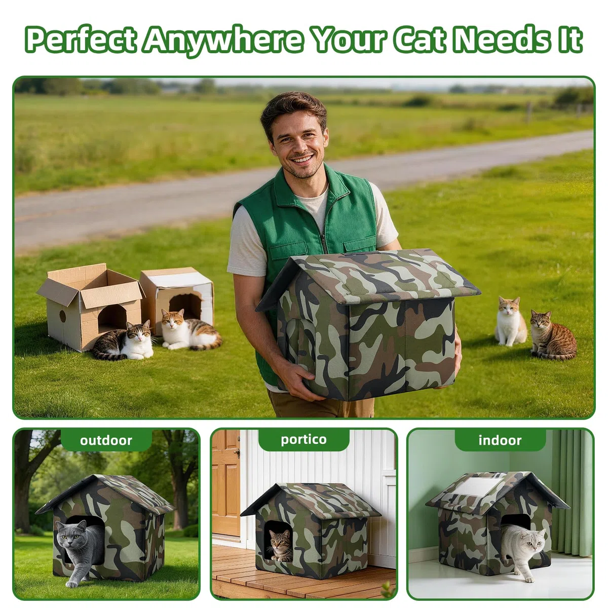 Casetta per gatti all'aperto, resistente alle intemperie, con tappetino e porte, facile da mettere insieme, pieghevole e caldo, per l'inverno, non volare via