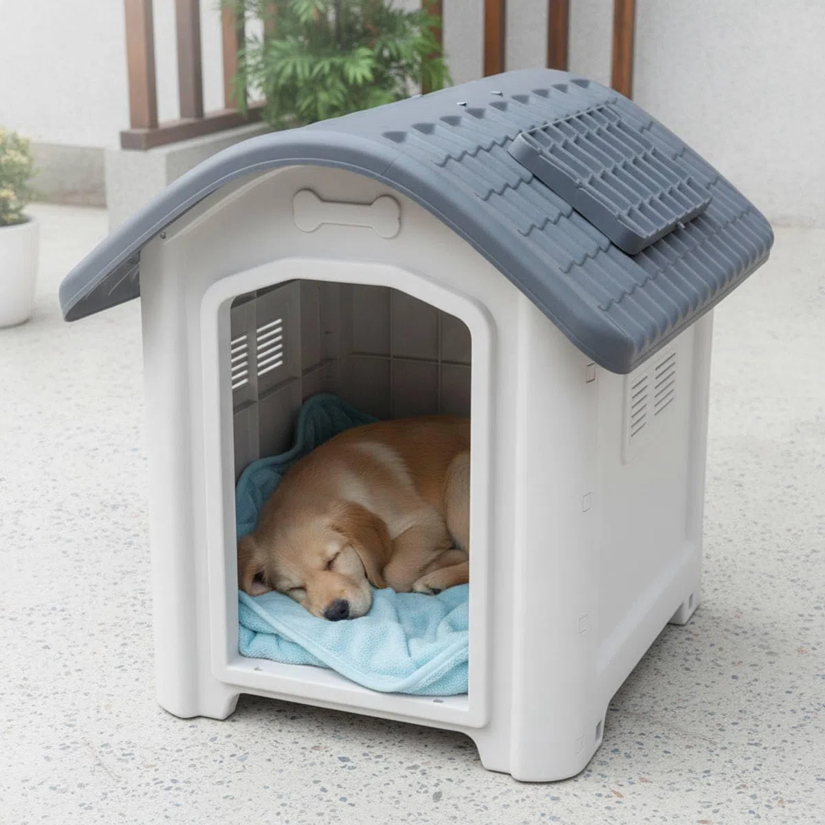 Cuccia da Esterno Ventilata Cuccia in Plastica con Ventilazione per Animali Domestici, Grigio, Medio Con Lucernario