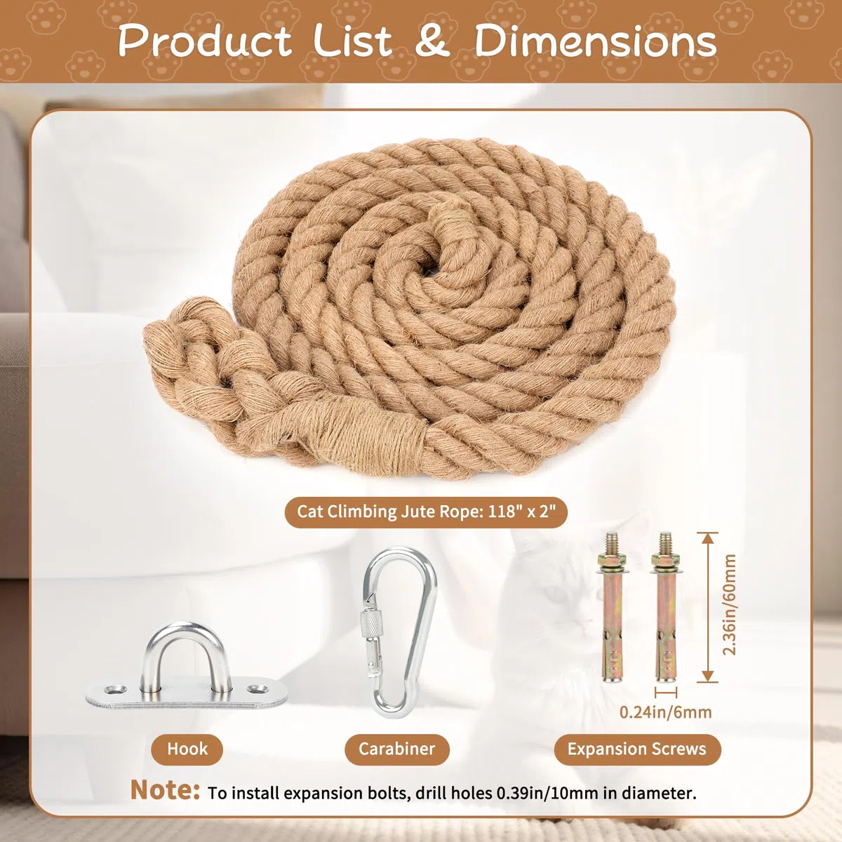 Corda da arrampicata per gatti da 5,1 cm x 2,5 m con gancio, corda di iuta naturale per arrampicata per gatti da soffitto e parete, resistente corda in sisal per interni ed esterni gatti che graffiano