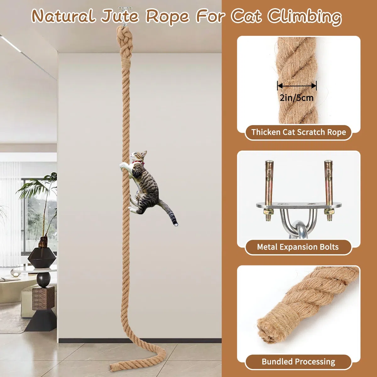 Corda da arrampicata per gatti da 5,1 cm x 2,5 m con gancio, corda di iuta naturale per arrampicata per gatti da soffitto e parete, resistente corda in sisal per interni ed esterni gatti che graffiano