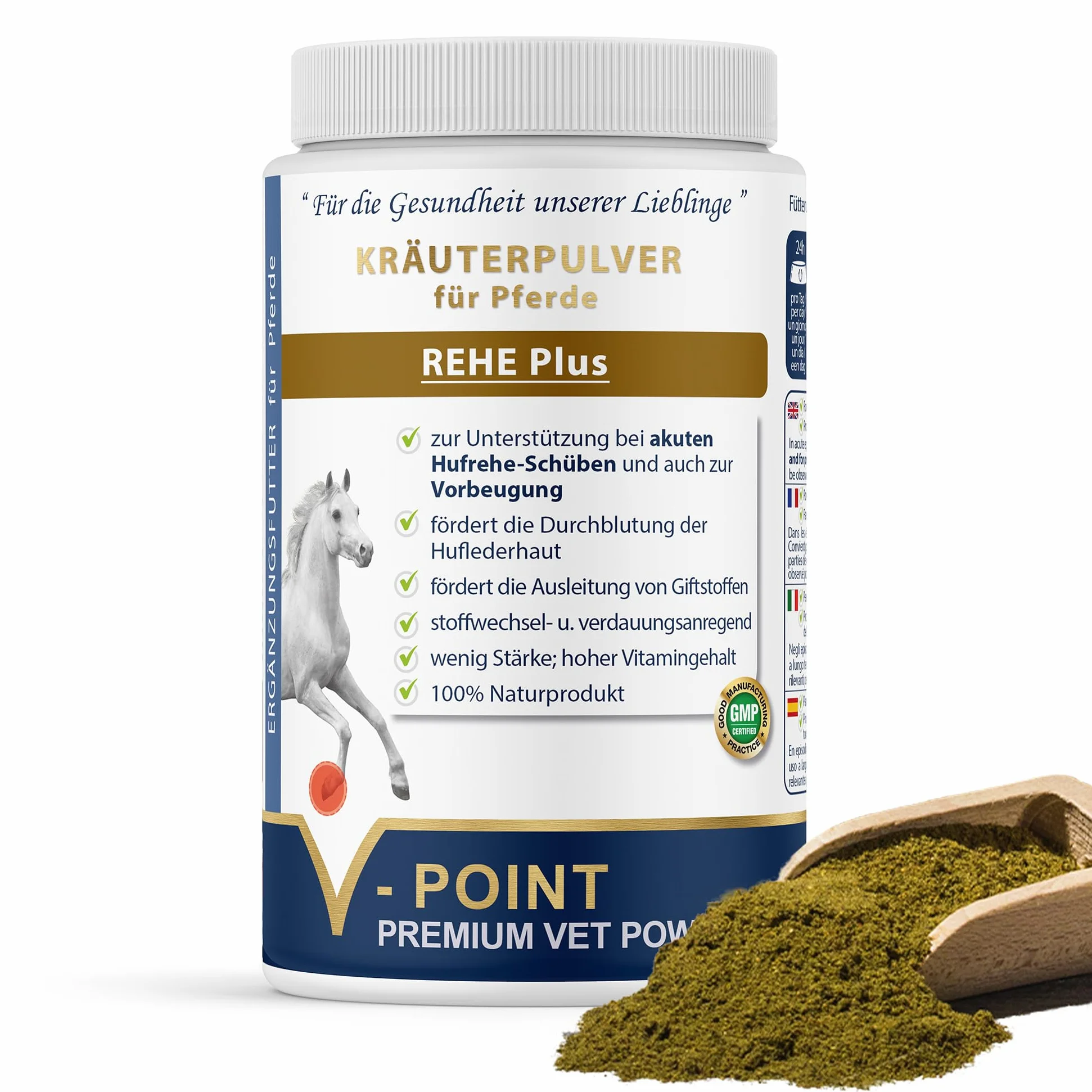 V-POINT REHE Plus per la prevenzione degli attacchi di laminite acuta favorisce la circolazione sanguigna nel corium dello zoccolo - con polvere di rosa canina cardo mariano spirulina (450g)