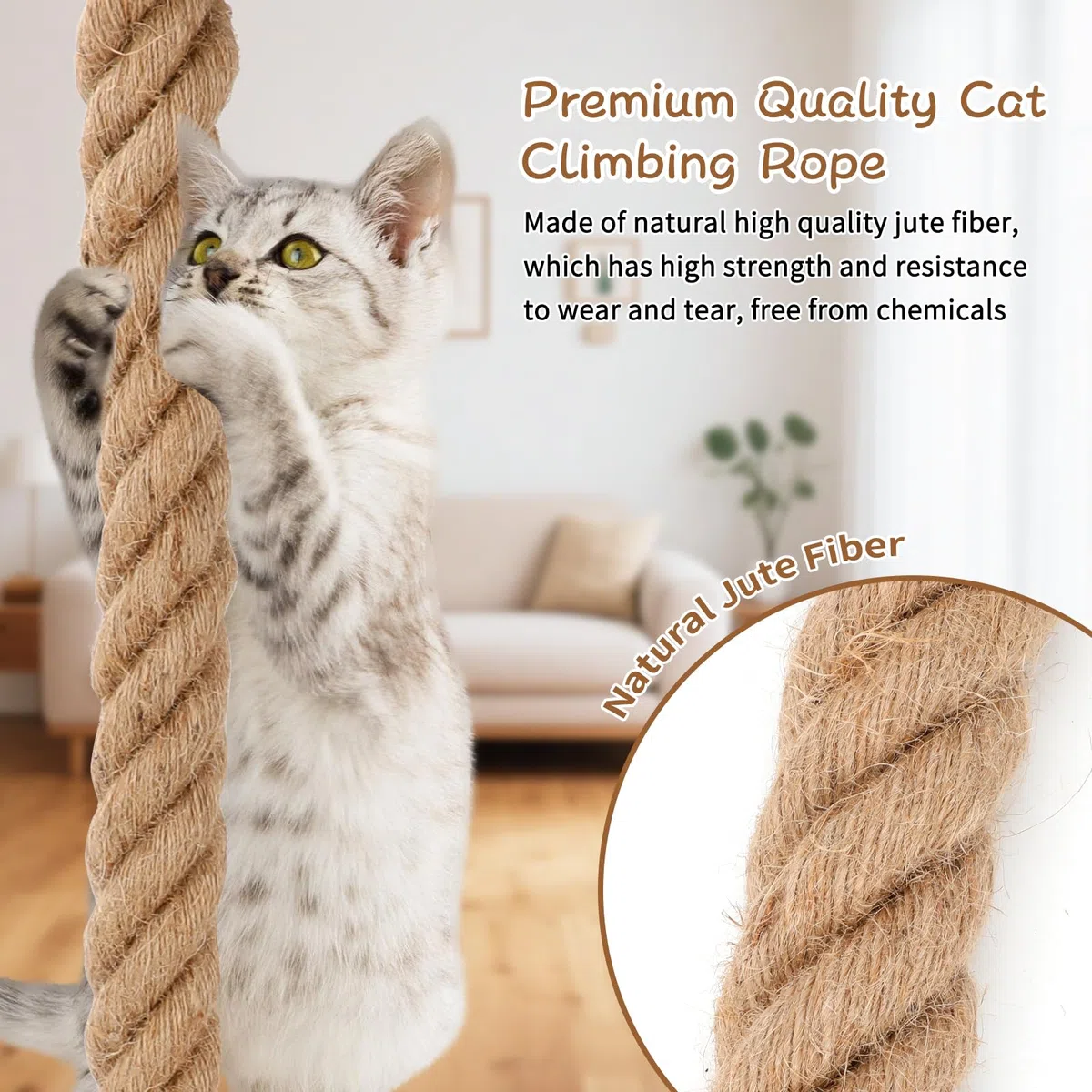 Corda da arrampicata per gatti da 5,1 cm x 2,5 m con gancio, corda di iuta naturale per arrampicata per gatti da soffitto e parete, resistente corda in sisal per interni ed esterni gatti che graffiano