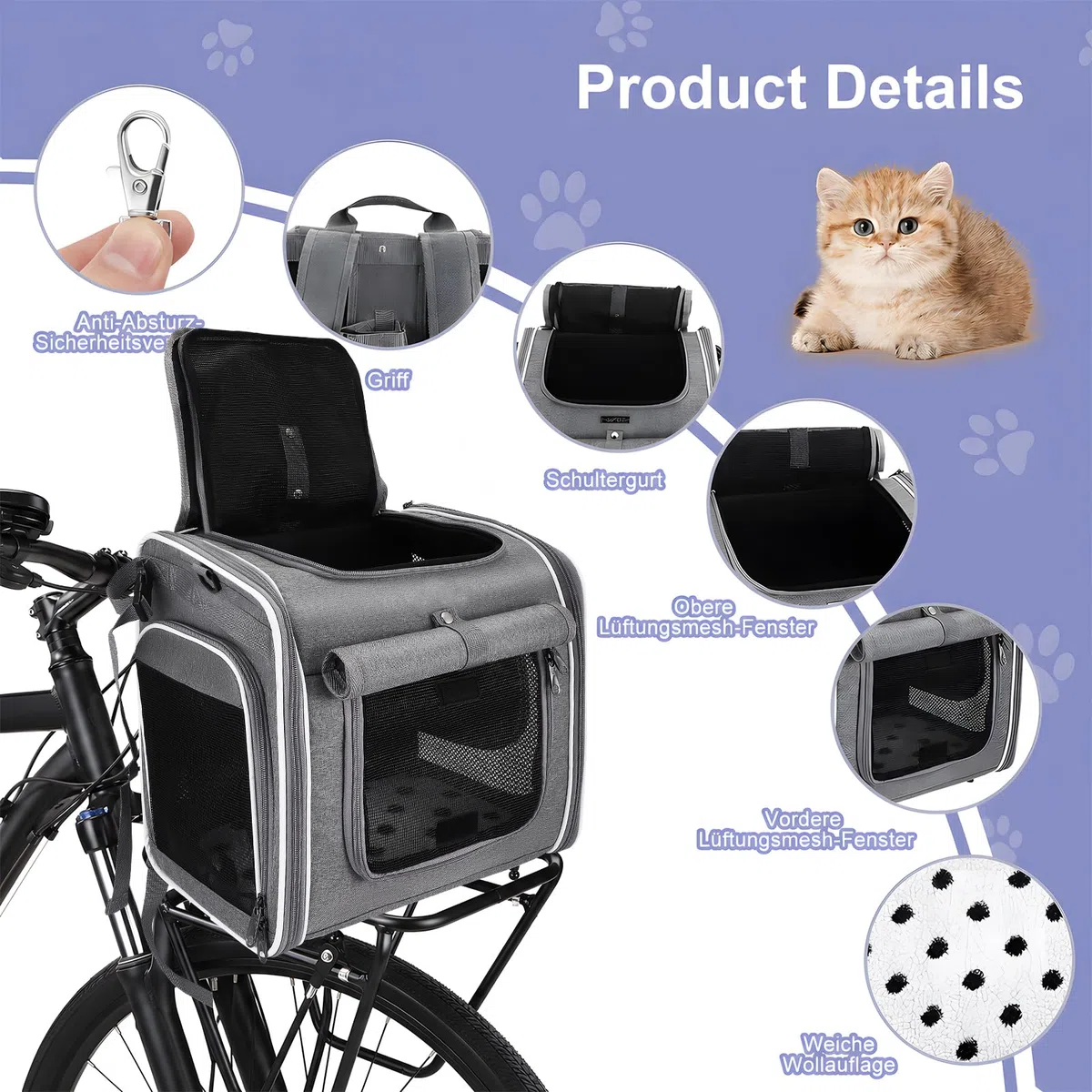 Cestino per cani anteriore per bicicletta, 4 in 1, con supporto
