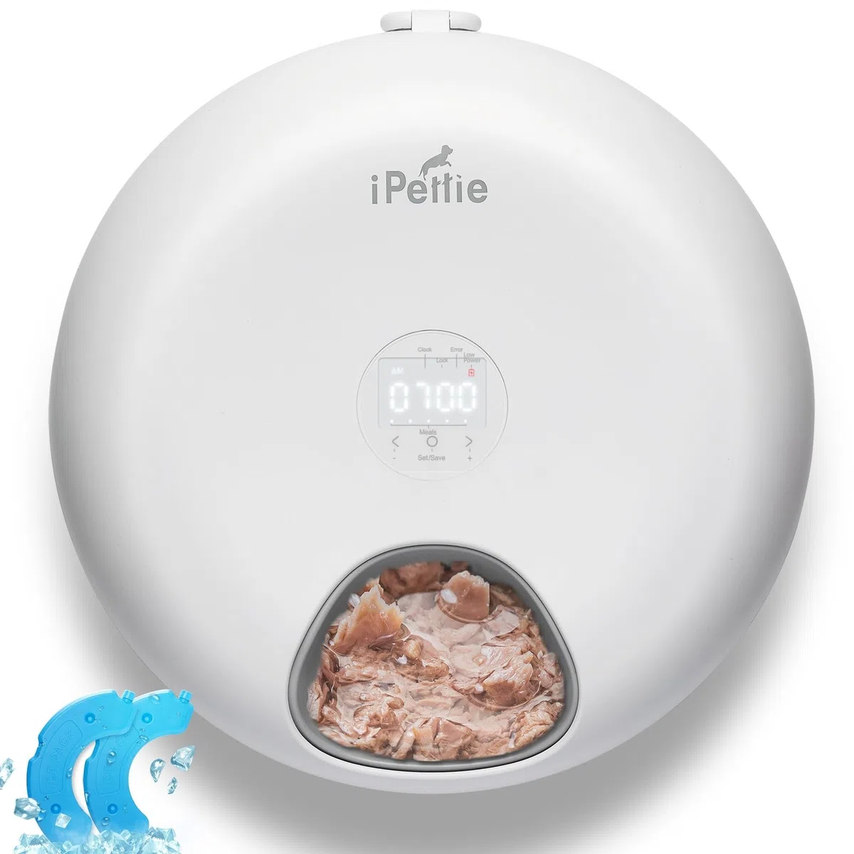 iPettie Donut Frost - Alimentatore automatico per animali domestici senza fili, per 6 pasti, cibo secco e umido, con due confezioni di ghiaccio, batteria massiccia ricaricabile, timer programmabile,