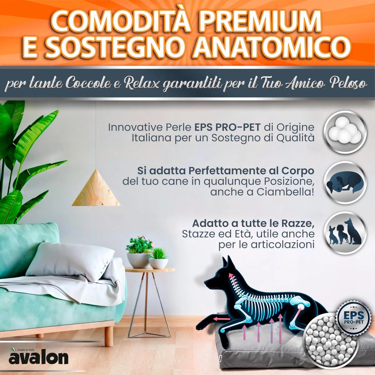 Avalon - Cuscino Cane Sfoderabile e Lavabile Medio in Tessuto Jive Antistrappo Premium, Materasso Cane Anatomico e Impermeabile, Cuccia per Cani Antipelo, Made in Italy(Linear 90x75cm-Giallo Limone)