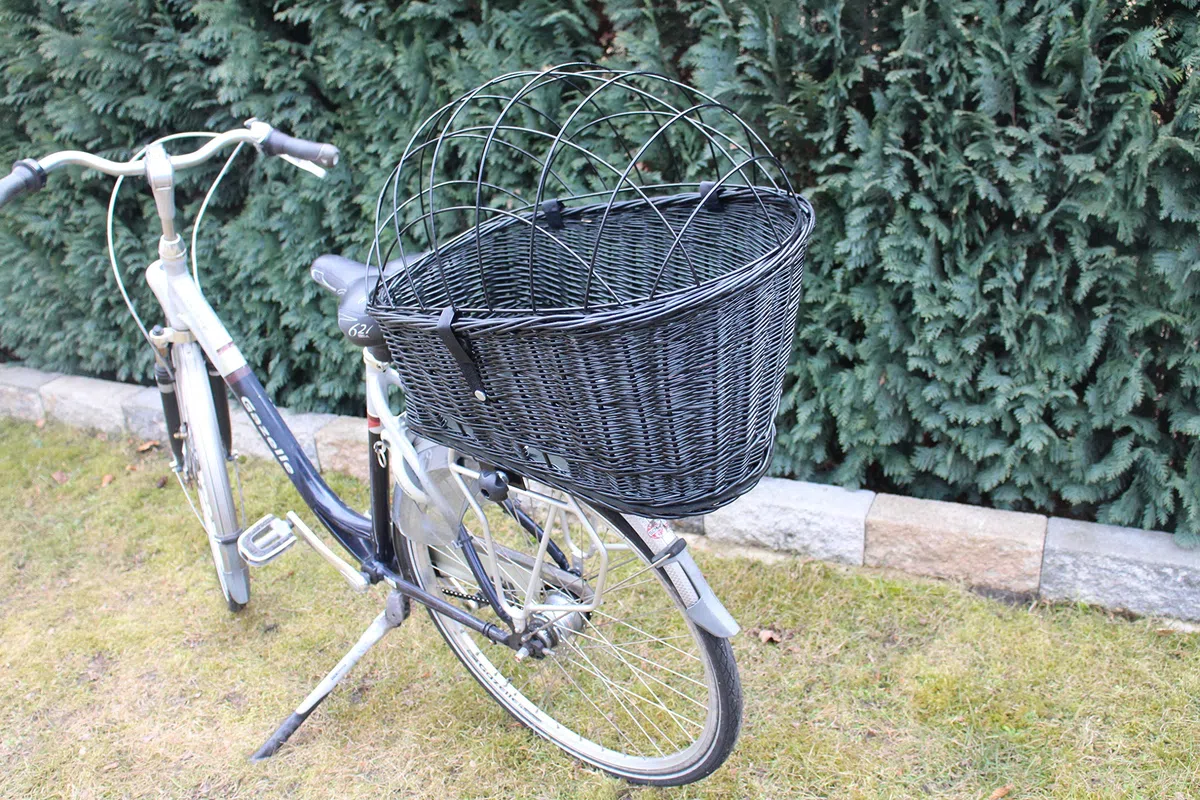 Cestino per bicicletta per cani, in vimini con griglia in metallo, XXL, nero, cestino in vimini per cani, cestino per animali