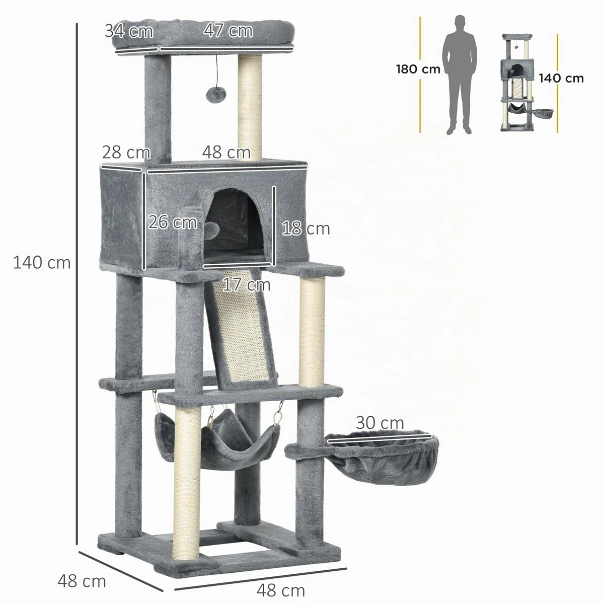 PawHut Albero Tiragraffi per Gatti Adulti e Gattini 48x48x140cm Grigio