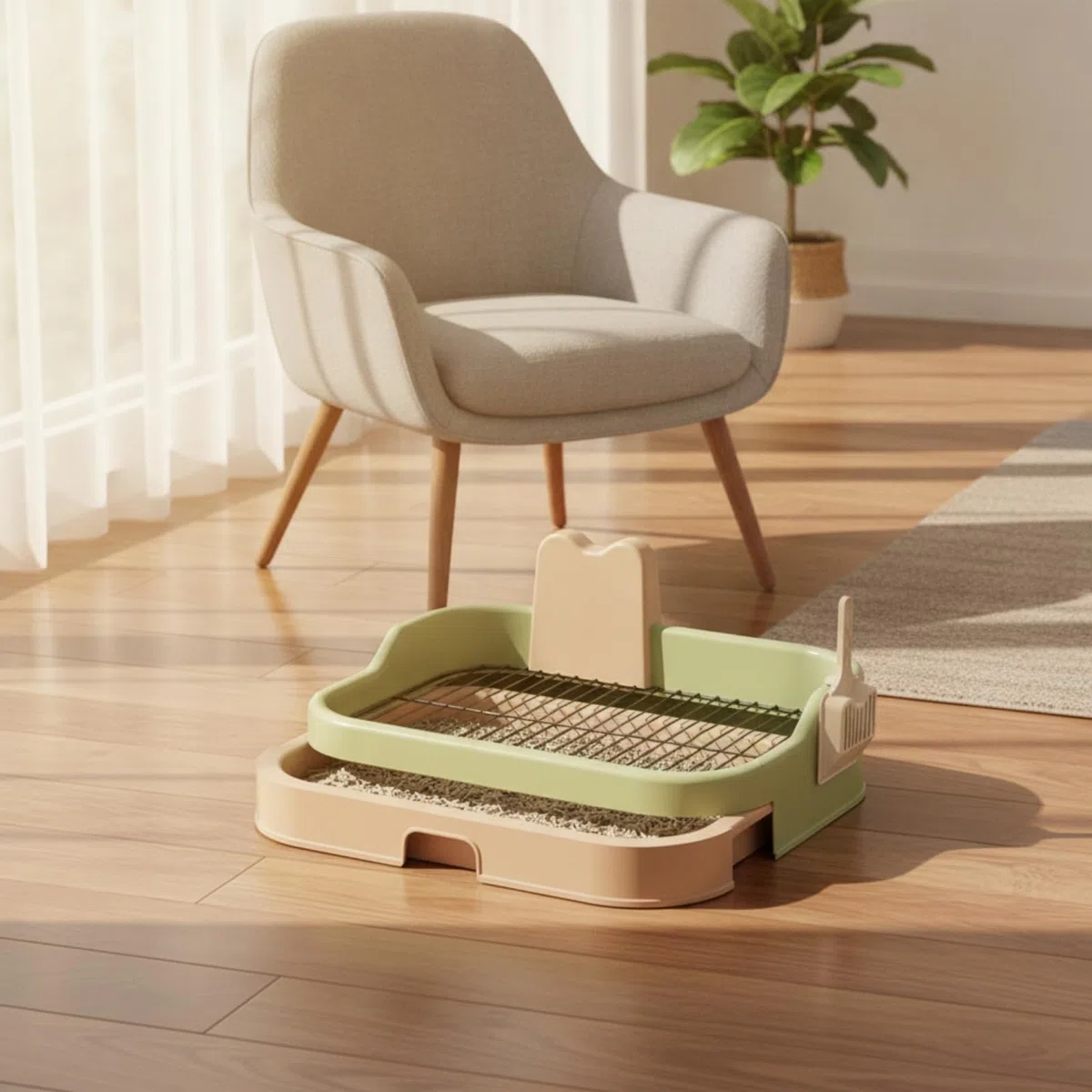 Lettiera per Cani con Paletta Parete Posteriore Rialzata, Portatile, Lettiera per Cani con Griglia, Appartamento, Verde