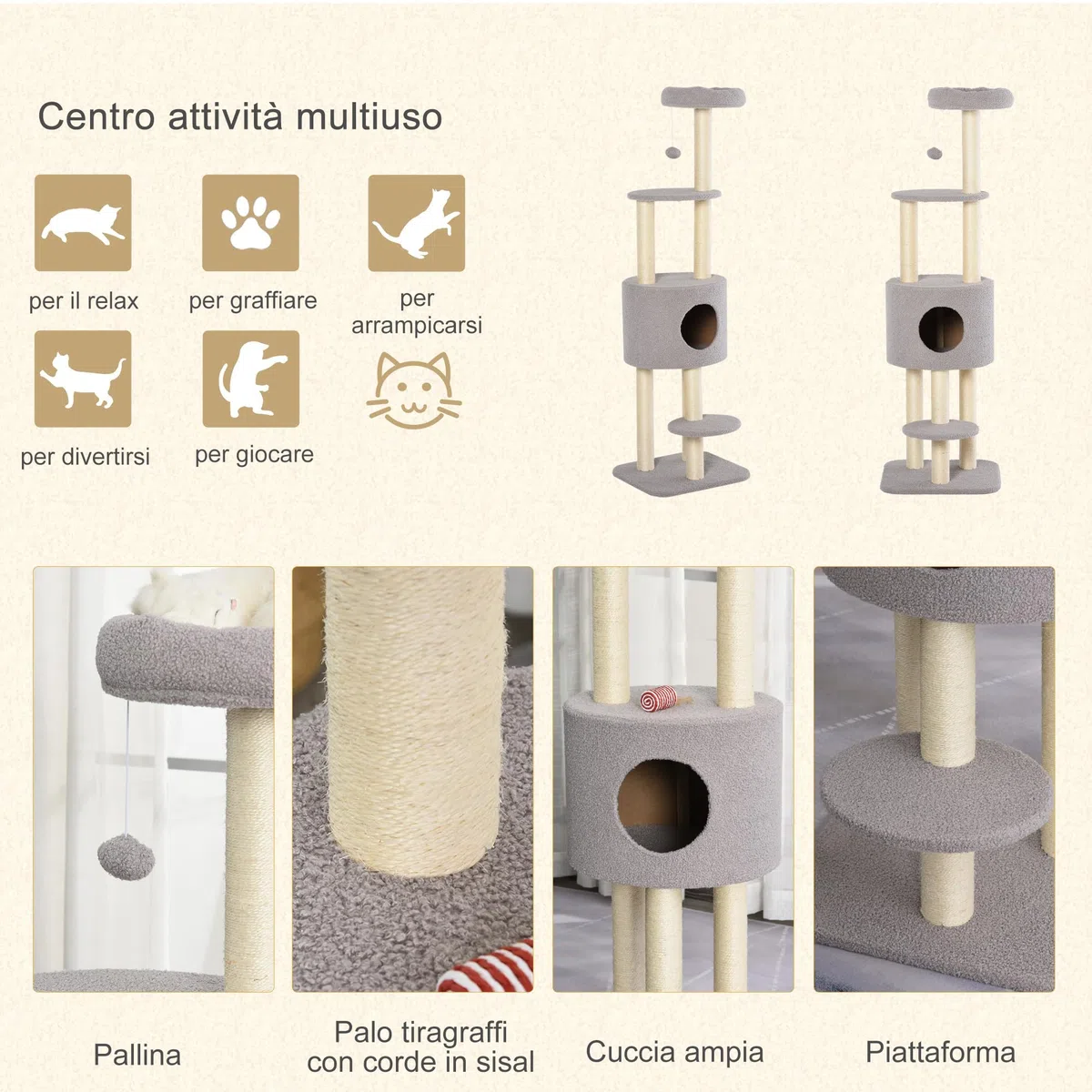 PawHut Albero Tiragraffi Robusto per Gatti con 5 Livelli, Cuccia, Casetta, Giochi e Corda Sisal, Grigio e Beige Max 30kg