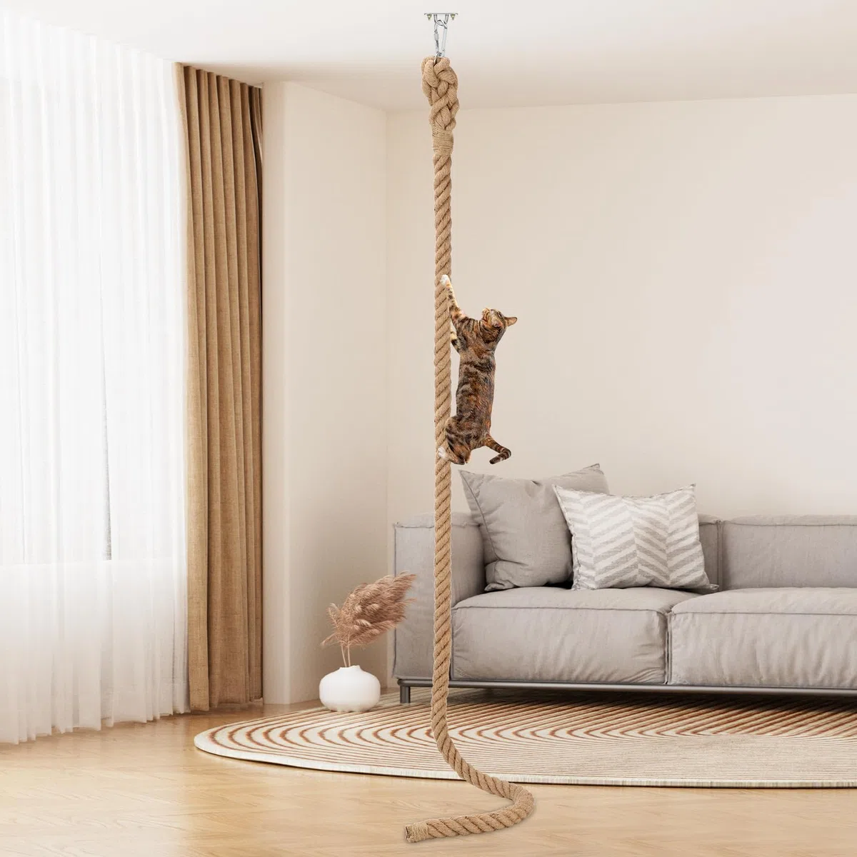 Corda da arrampicata per gatti da 5,1 cm x 2,5 m con gancio, corda di iuta naturale per arrampicata per gatti da soffitto e parete, resistente corda in sisal per interni ed esterni gatti che graffiano