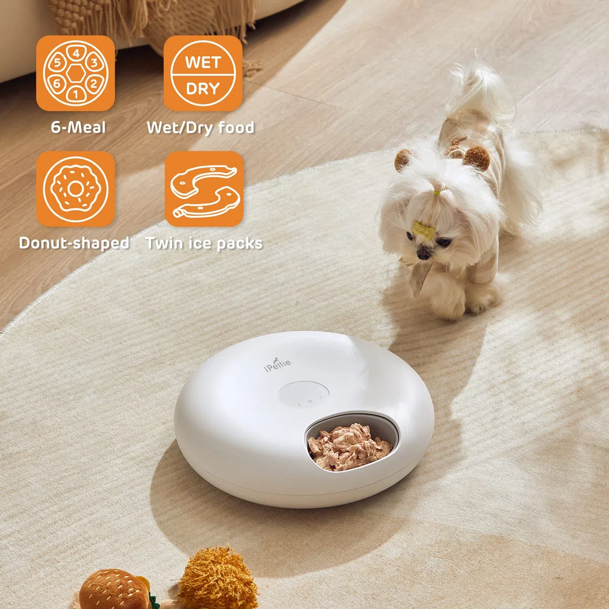 iPettie Donut Frost - Alimentatore automatico per animali domestici senza fili, per 6 pasti, cibo secco e umido, con due confezioni di ghiaccio, batteria massiccia ricaricabile, timer programmabile,