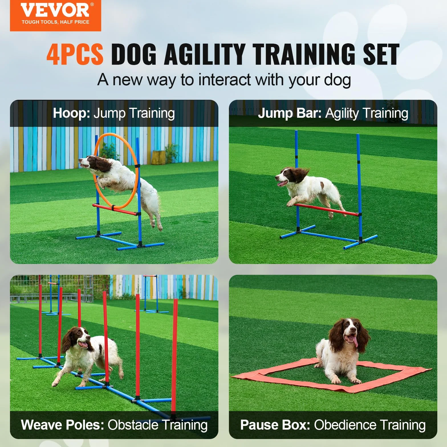 VEVOR Attrezzatura per Addestramento Agilità per Cani, Set 4 Pezzi, Percorso a Ostacoli per Cuccioli, Ostacoli Altezza Regolabile, 6 Pali, Anello Salto, Scatola Quadrata per Pausa, Ciotola Pieghevole
