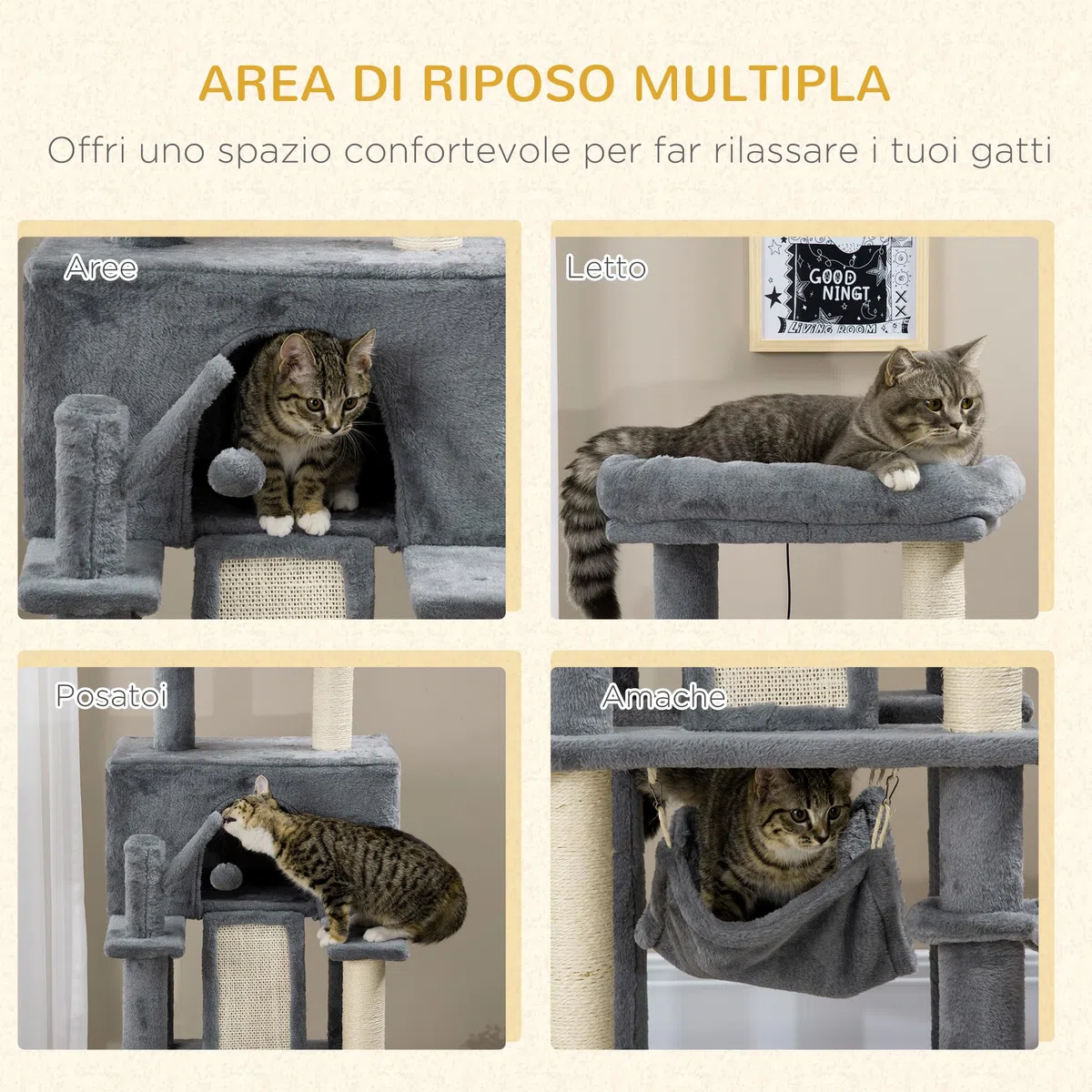 PawHut Albero Tiragraffi per Gatti Adulti e Gattini 48x48x140cm Grigio
