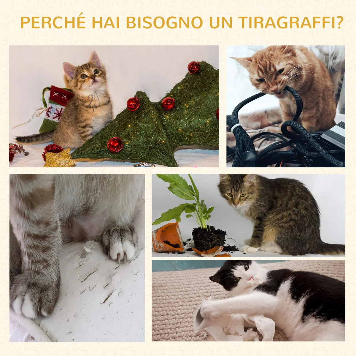 PawHut Albero Tiragraffi Robusto per Gatti con 5 Livelli, Cuccia, Casetta, Giochi e Corda Sisal, Grigio e Beige Max 30kg