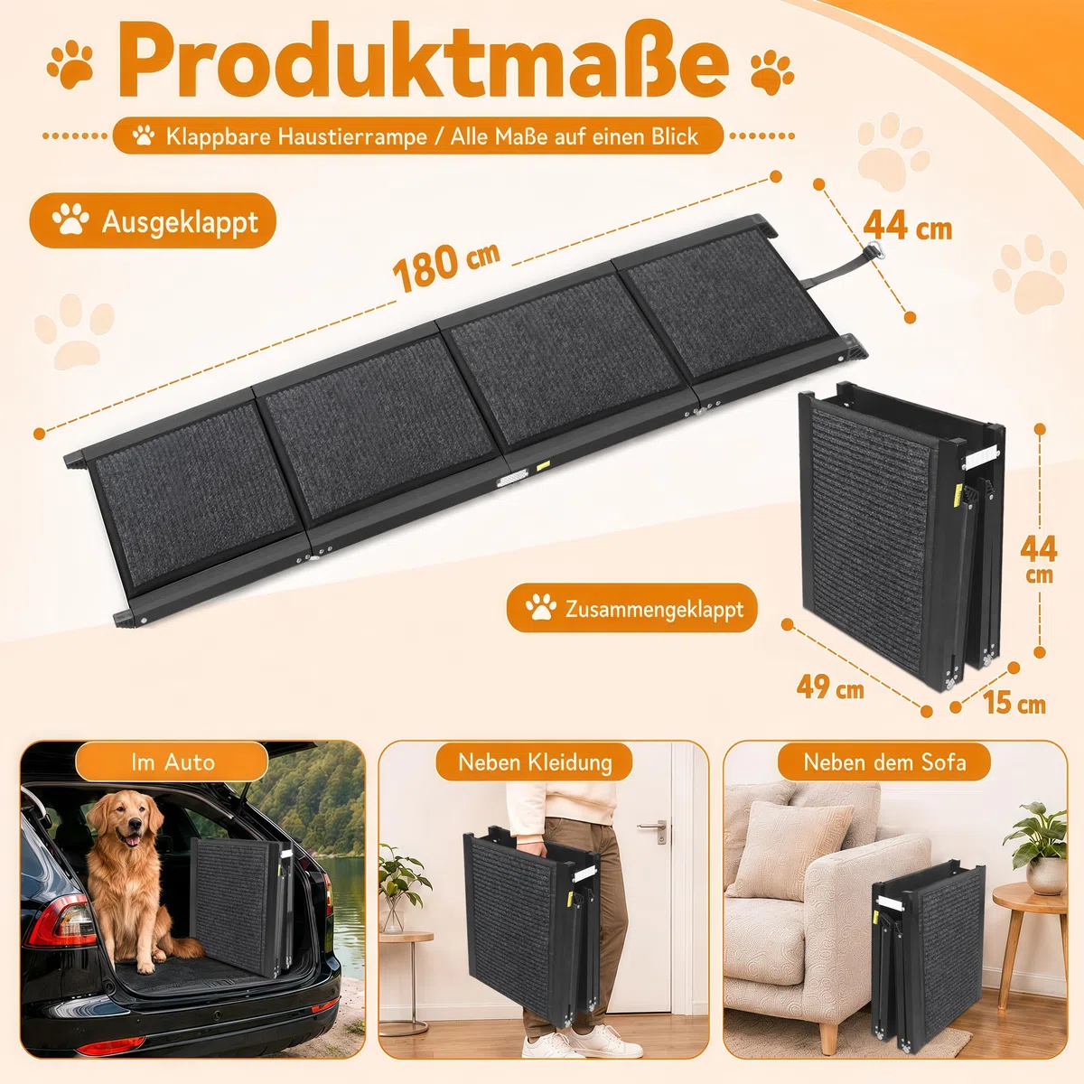 180 cm per rampa per cani, pieghevole, antiscivolo, portata fino a 100 kg
