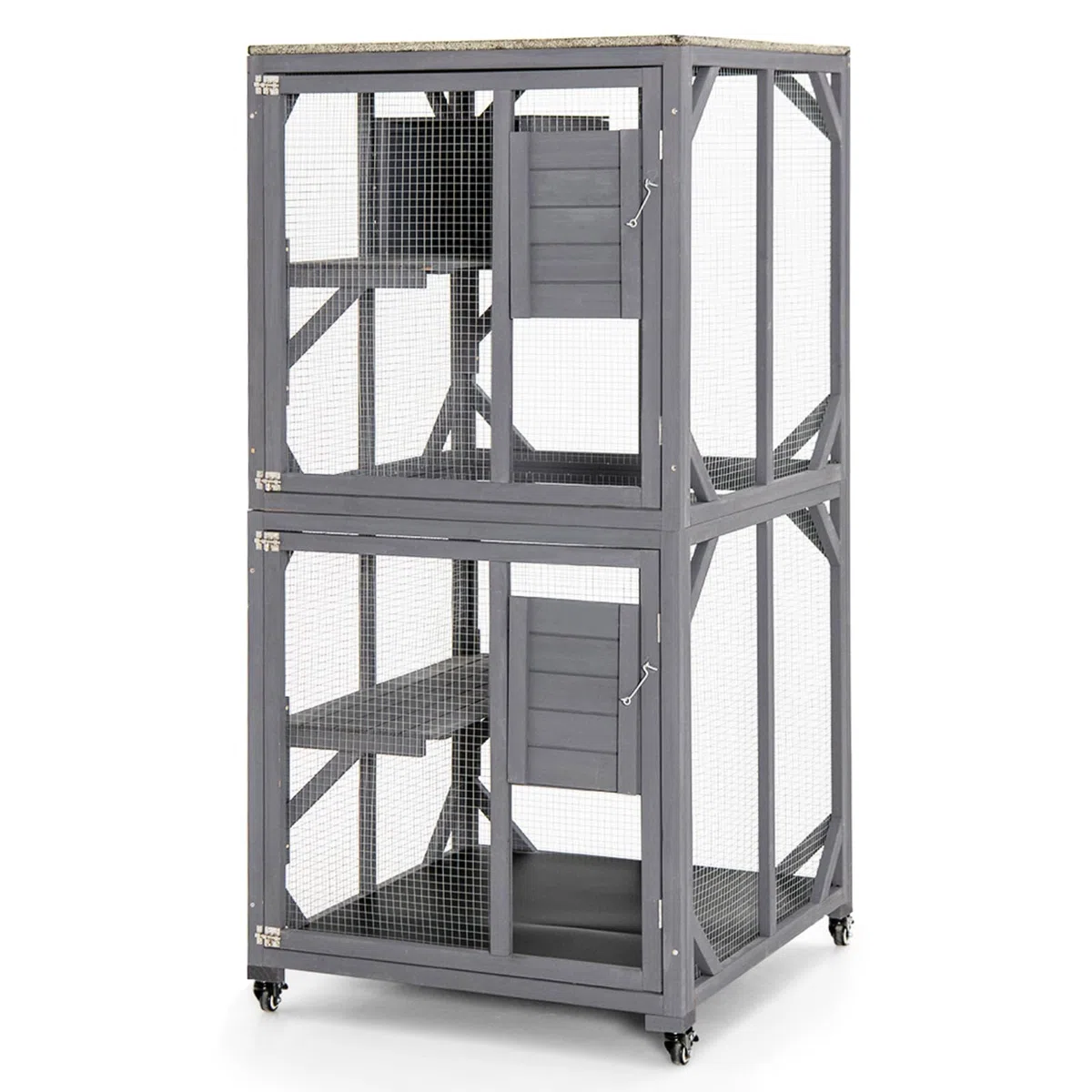 GYMAX Grande cuccia per gatti in legno su ruote, con tetto in asfalto resistente alle intemperie, porte, piattaforme e riposo, per interni ed esterni (80 x 76 x 163 cm)