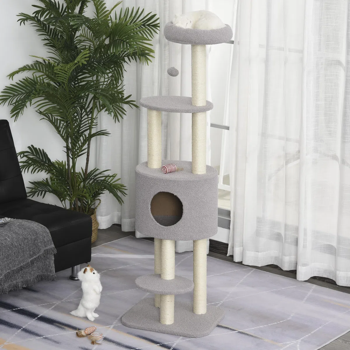 PawHut Albero Tiragraffi Robusto per Gatti con 5 Livelli, Cuccia, Casetta, Giochi e Corda Sisal, Grigio e Beige Max 30kg