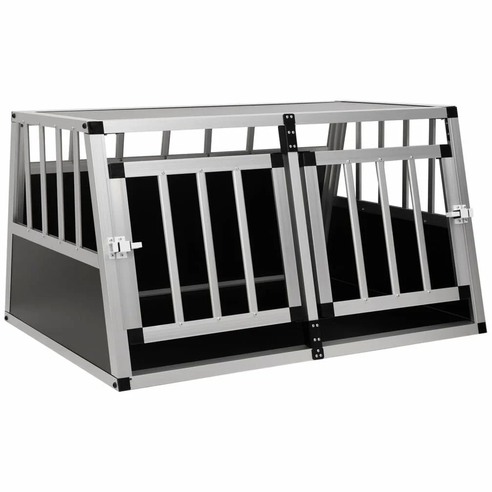 Gabbia per cani in alluminio e MDF, doppia porta, 89 x 69 x 50 cm, leggera e facile da montare, per bagagliaio auto, con raccordi angolari in plastica per la sicurezza