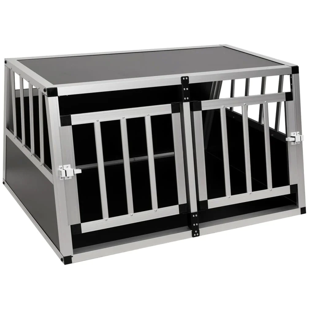 Gabbia per cani in alluminio e MDF, doppia porta, 89 x 69 x 50 cm, leggera e facile da montare, per bagagliaio auto, con raccordi angolari in plastica per la sicurezza