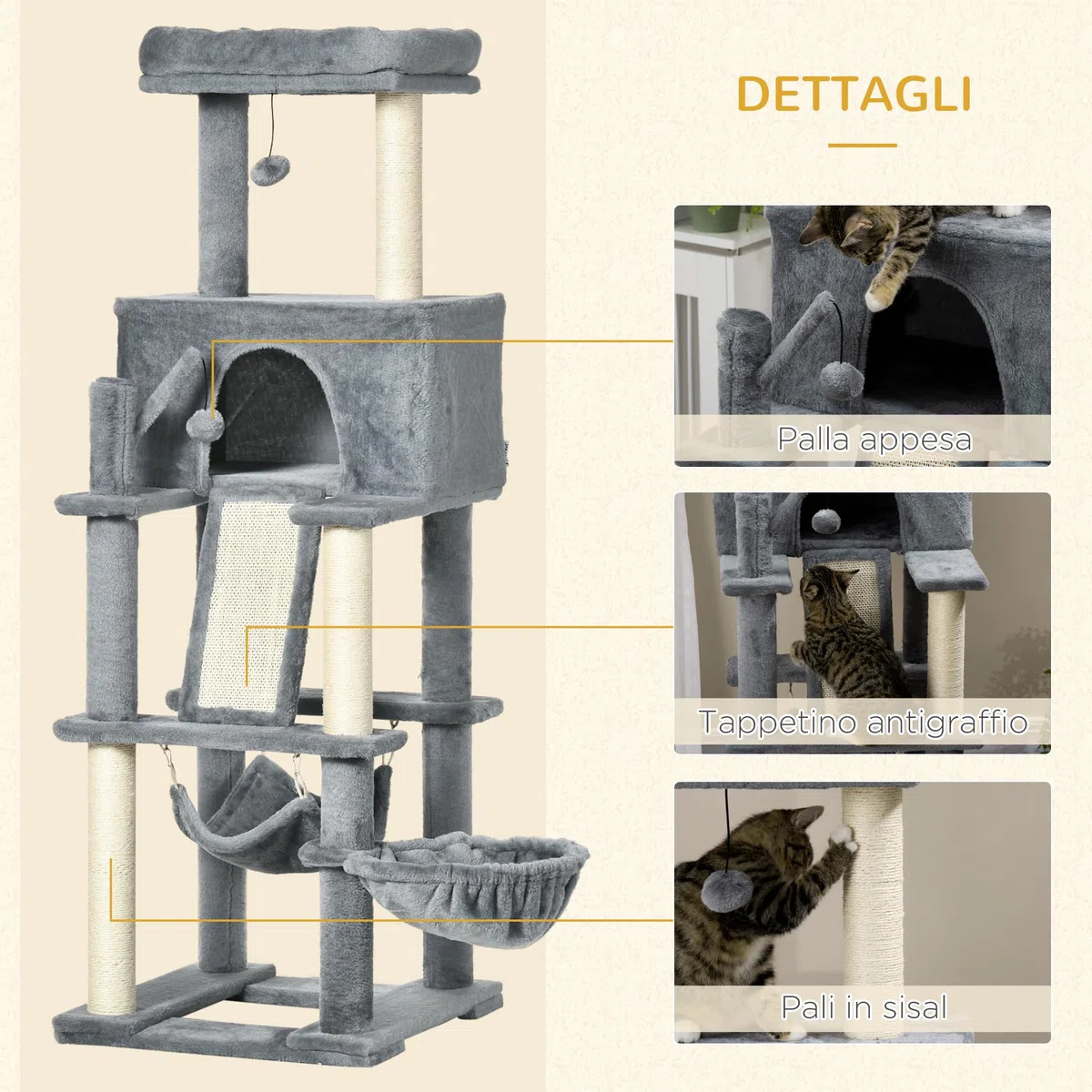 PawHut Albero Tiragraffi per Gatti Adulti e Gattini 48x48x140cm Grigio