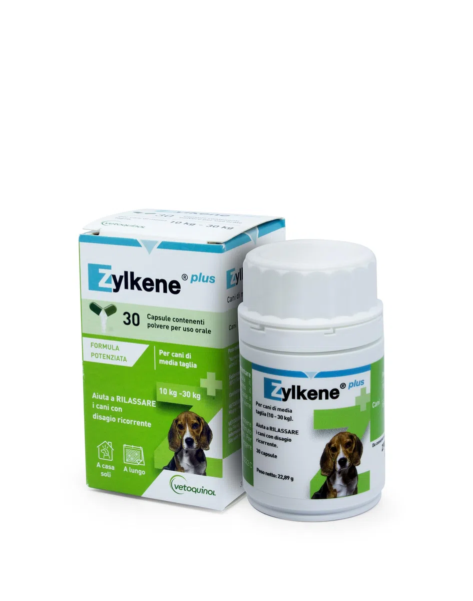 Zylkene Plus Mangime Complementare | Cani di taglia media (10-30 kg) 225 mg | Promuove il rilassamento nelle situazioni di disagio nel lungo termine: Soli a casa, Nuovi animali e neonati | 30 capsule