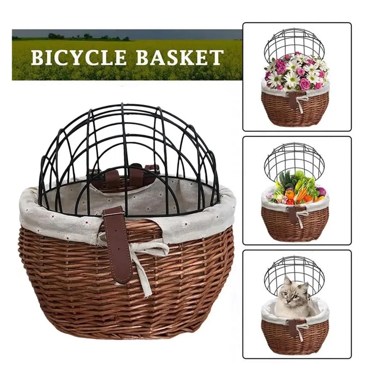 Cane Cane Velo Cestino Manubrio Anteriore Bici per Cane e Gatto in Vimini Tessuto a Mano, Sedile per Animali Domestici, Cestino Bici da Strada Porta Cani Accessori Ciclismo