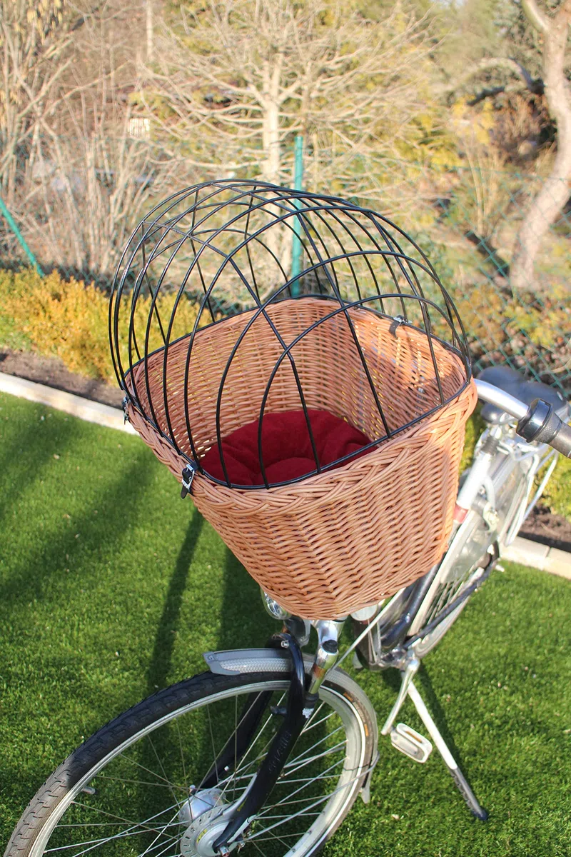 Cestino per bicicletta per cani in vimini con griglia in metallo e cuscino, XL o XXL, cestino per il manubrio, cestino per la spesa naturale (con cuscino)
